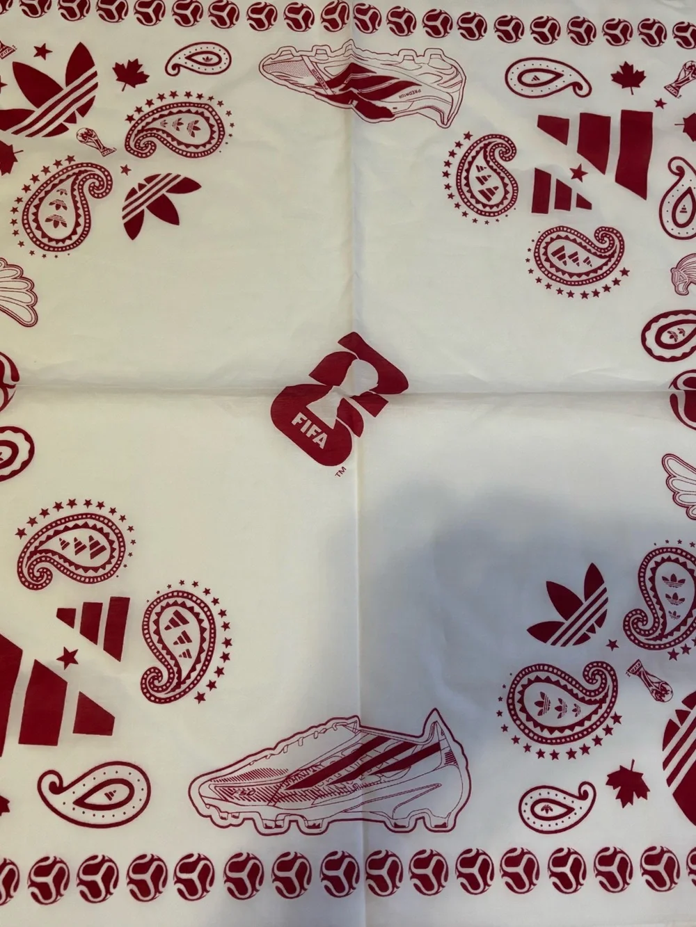 adidas FIFA White Nations Bandana with Red Paisley and Sports Motifs